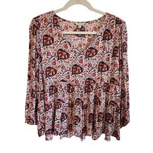 LUCKY BRAND Peasant Top Tiered V-neck Floral Size Med Colorful Boho 3/4 Sleeves
